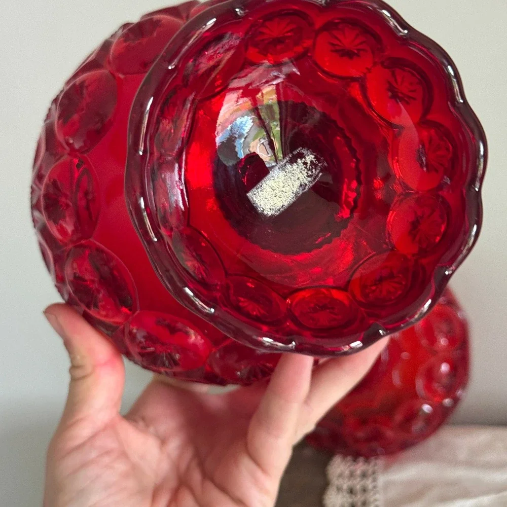 L.E. Smith Moon and Star Ruby Red Glass Candy Dish Pedestal Compote with Lid MCM